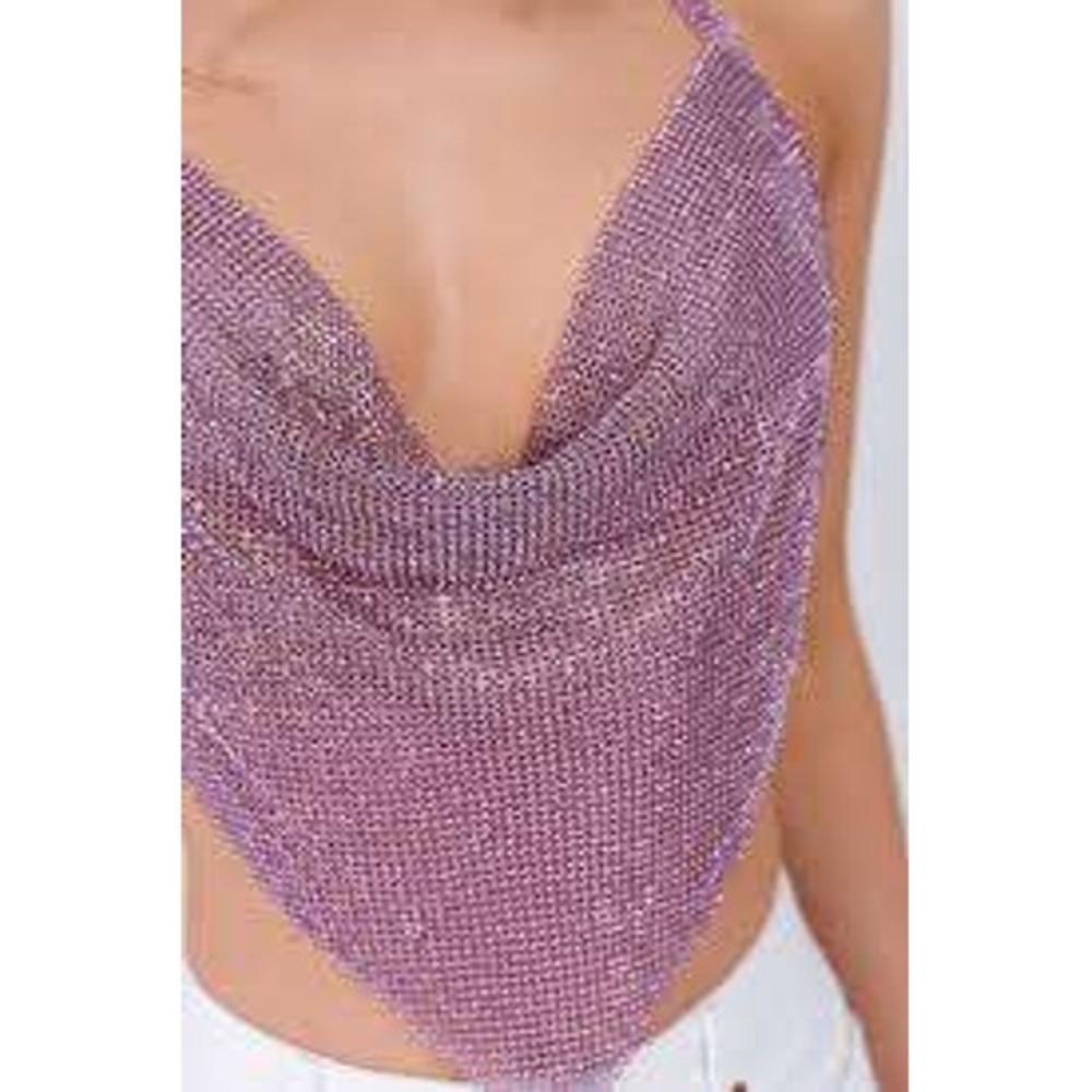 Better Be Pink Rhinestone Chainmail Halter Top Cowl Neck Festival TI3290 OS(106)